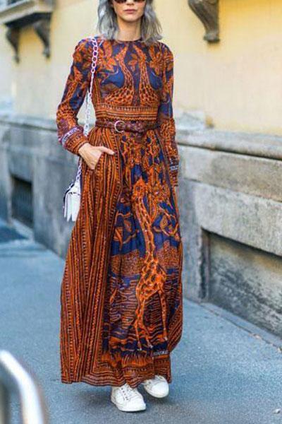 Best Chiffon Print Long-Sleeved Vintage Maxi Dress