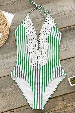 Green Stripe Lace One-Piece Swimsuit.c
