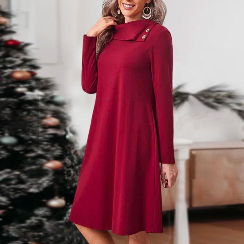 Solid Color Christmas Dress with Elegant Buttons