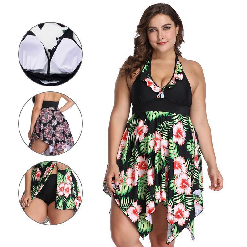 Women Plus Size Tankini Set with Sexy V Neck Swimwear Dress