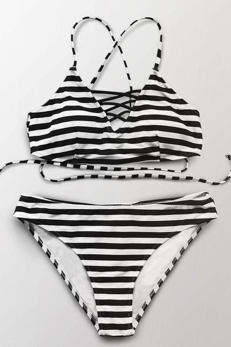 Black Stripe Lace-Up Bikini.c