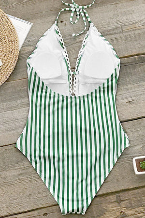 Green Stripe Lace One-Piece Swimsuit.c