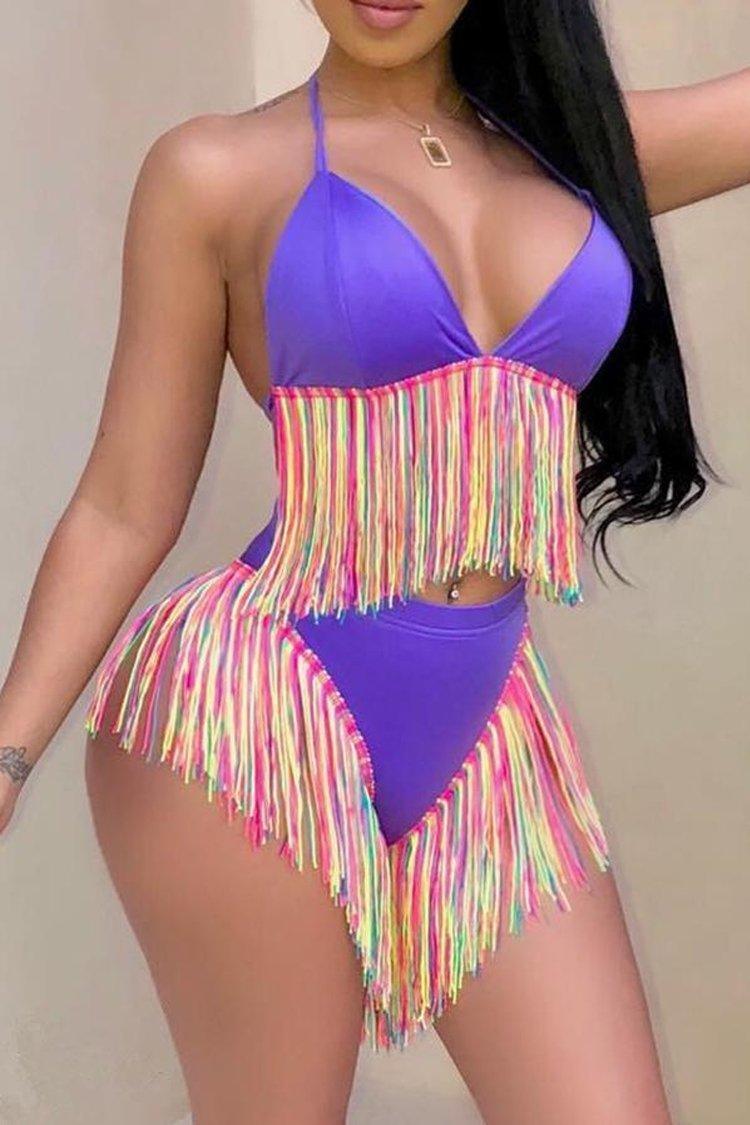 Multicolor Tassel Halter Bikini