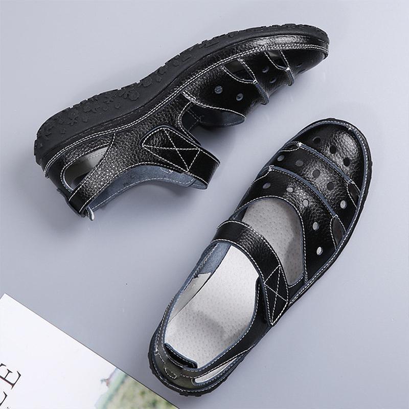 Leather Hollow Out Hook Loop Casual Flat Sandals For Women