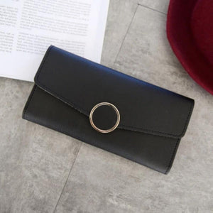 Women Long Pu Leather Zipper Metal Circle Decor Wallet