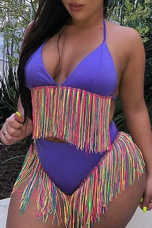 Multicolor Tassel Halter Bikini