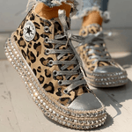 Leopard Rivet Embellished Lace-Up Sneakers