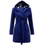 Women Double Breasted Slim Hoodie Solid Casual Long Pea Coat with Belt