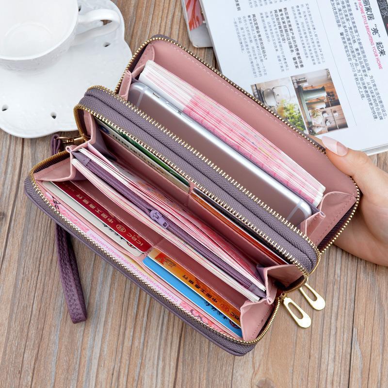 Women Double Zipper Leather Brand Retro Long Wallet
