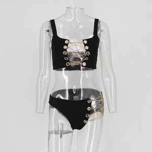 New Gold chain detail lace up 2 piece bikini swimsuit