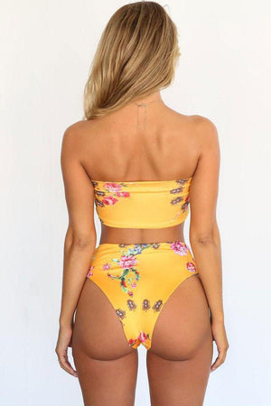 New Floral Printed Bandeau Bikini Swimsuit in Yellow.MO