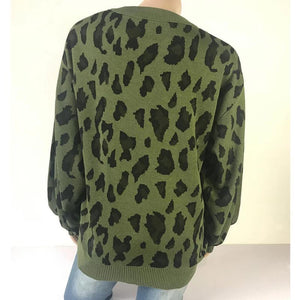 Women Long-sleeved Round Neck Solid Leopard Sweater