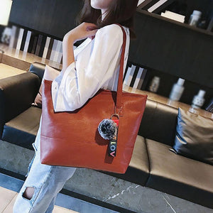 Women Leather Hairball Zipper Tote Solid Color Shoulder Bag