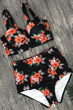 New High Waist Floral Printed Underwire Crop Bikini Swimsuit in Black.MC