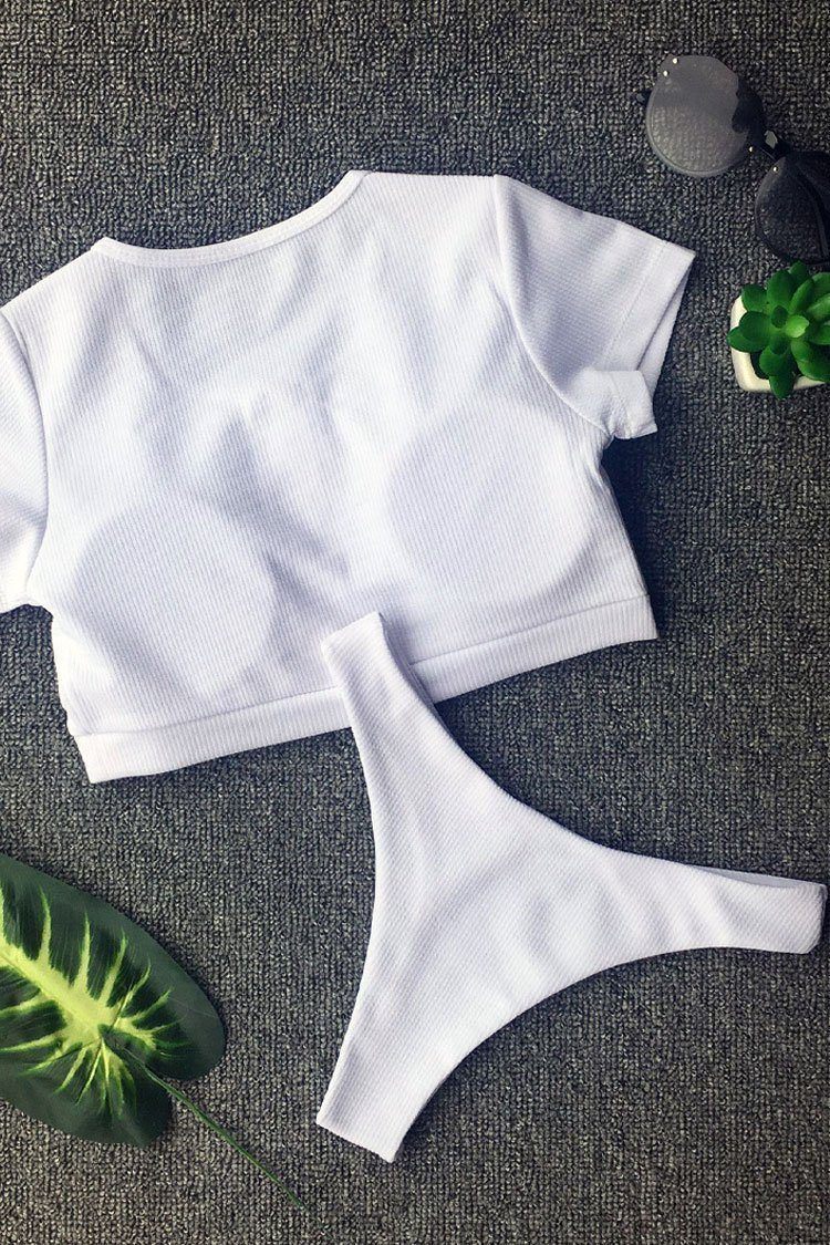 New High Cut Ribbed Short Sleeve Crop Bikini Swimsuit in White.MC
