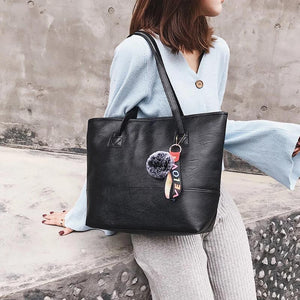 Women Leather Hairball Zipper Tote Solid Color Shoulder Bag